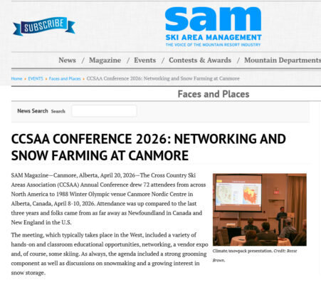 Ski Area Management (SAM) magazine article about CCSAA Conference 2026 and Alpina snowmobiles technology at Canmore Nordic Centre.