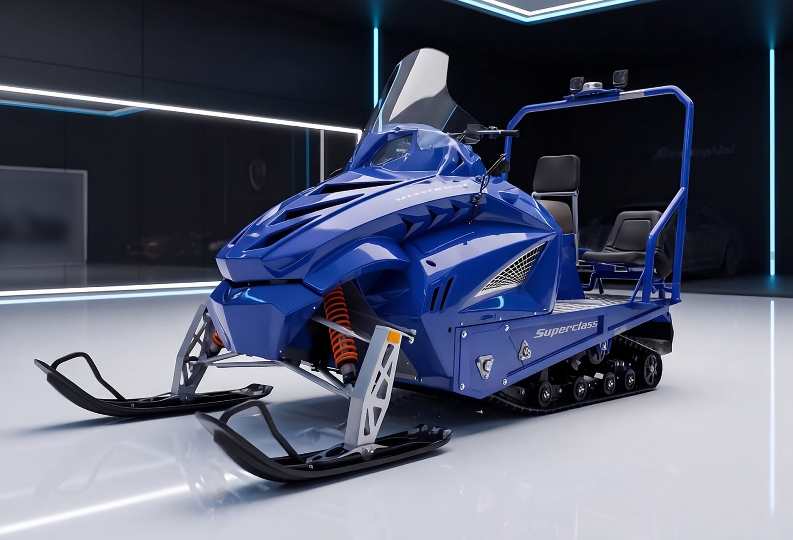 Blue Alpina Superclass utility snowmobile on display in a high-tech showroom with LED lighting