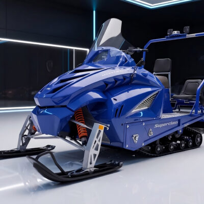 Blue Alpina Superclass utility snowmobile on display in a high-tech showroom with LED lighting